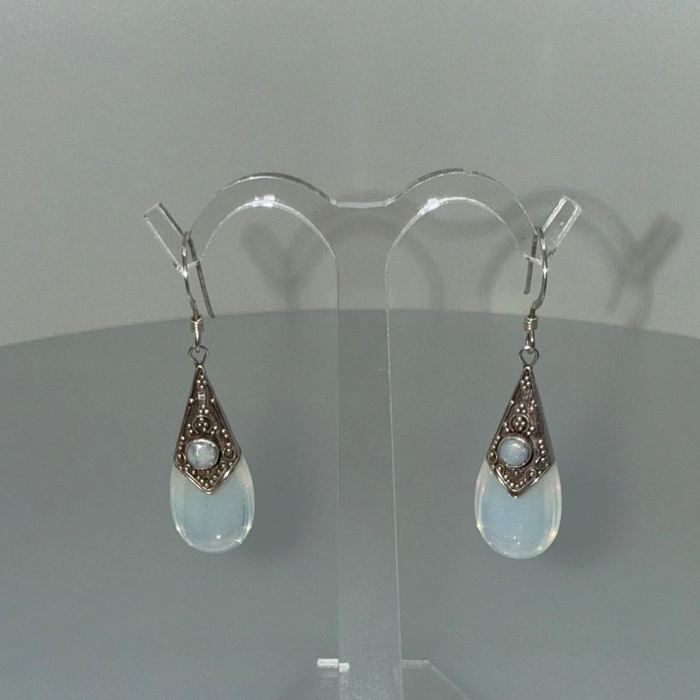 Elegant 925 sterling Silver and White Opal Teardrop Earrings